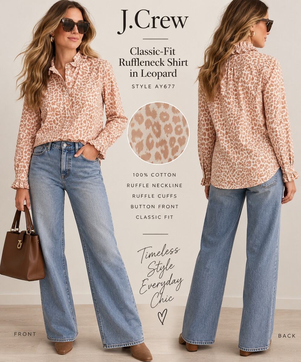 J.Crew NWT Leopard Ruffleneck Ruffle Collar Preppy Romantic Cotton Blouse Shirt